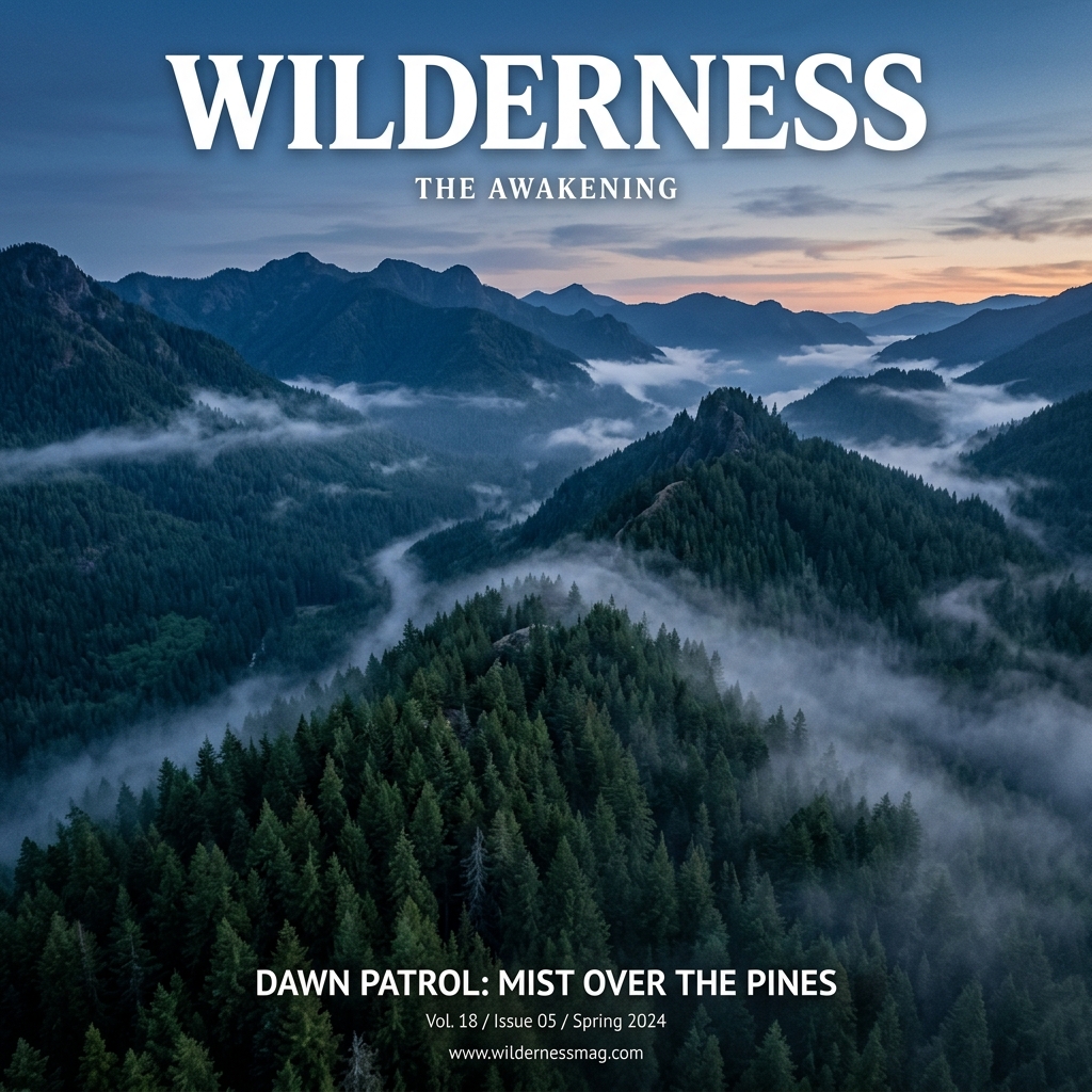 Misty pine forest seen from above at dawn