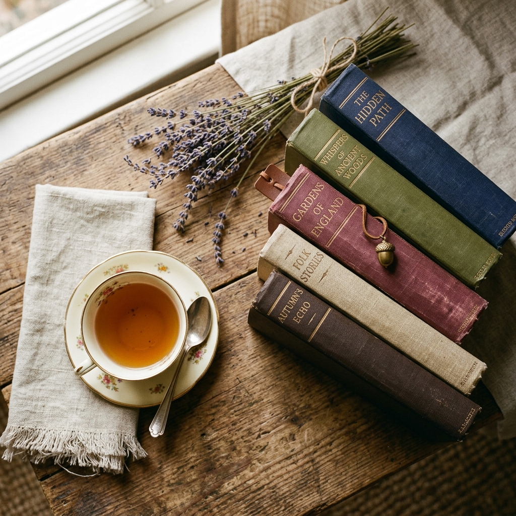 A stack of vintage hardcover books with a cup of tea